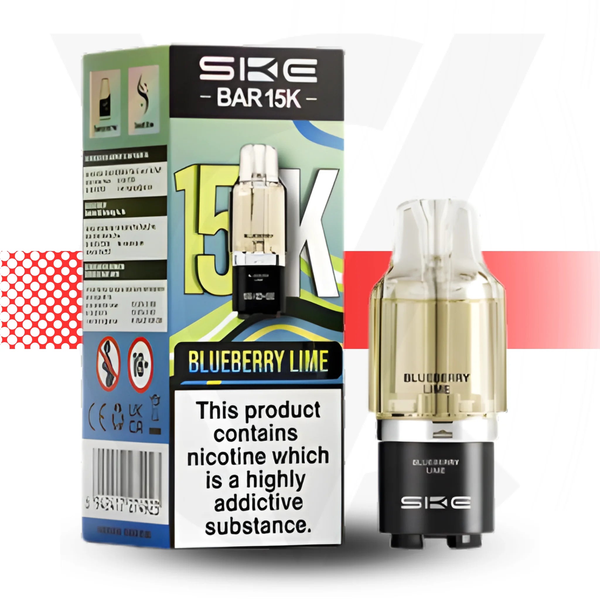 SKE BAR 15K vape device and packaging with blueberry lime flavor on a white background