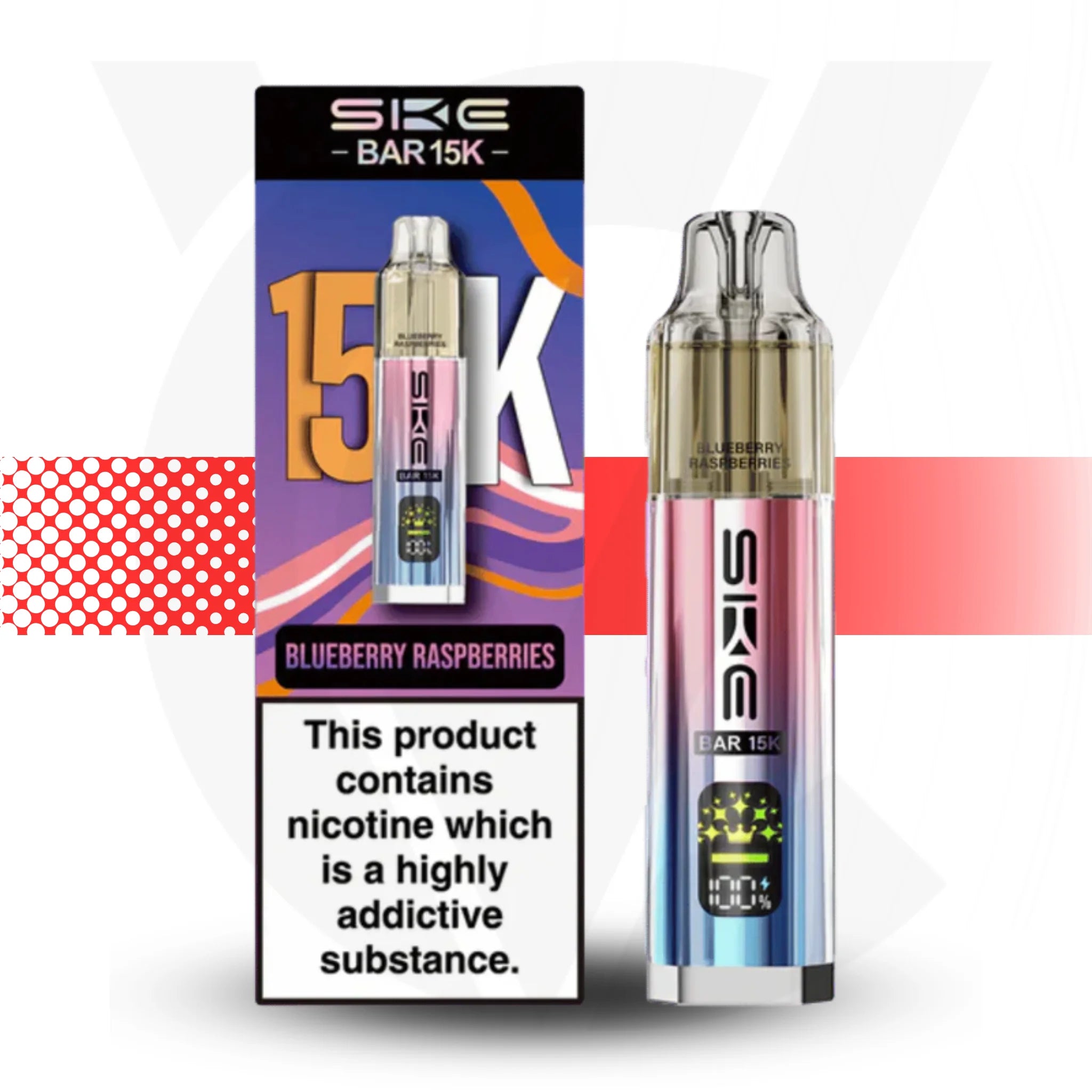 SKE BAR 15K vape device and packaging on a colorful background