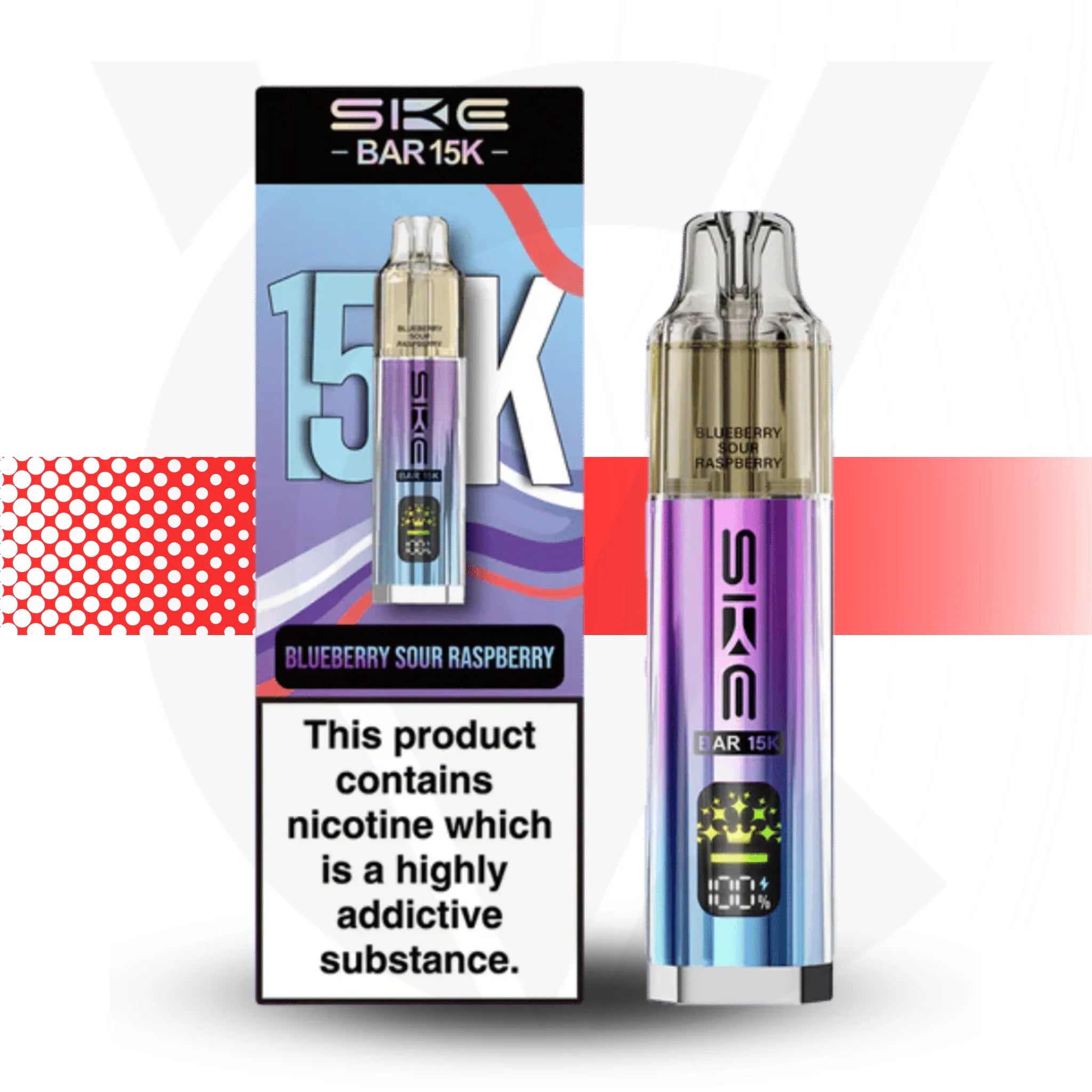 SKE vape device with packaging on a colorful background