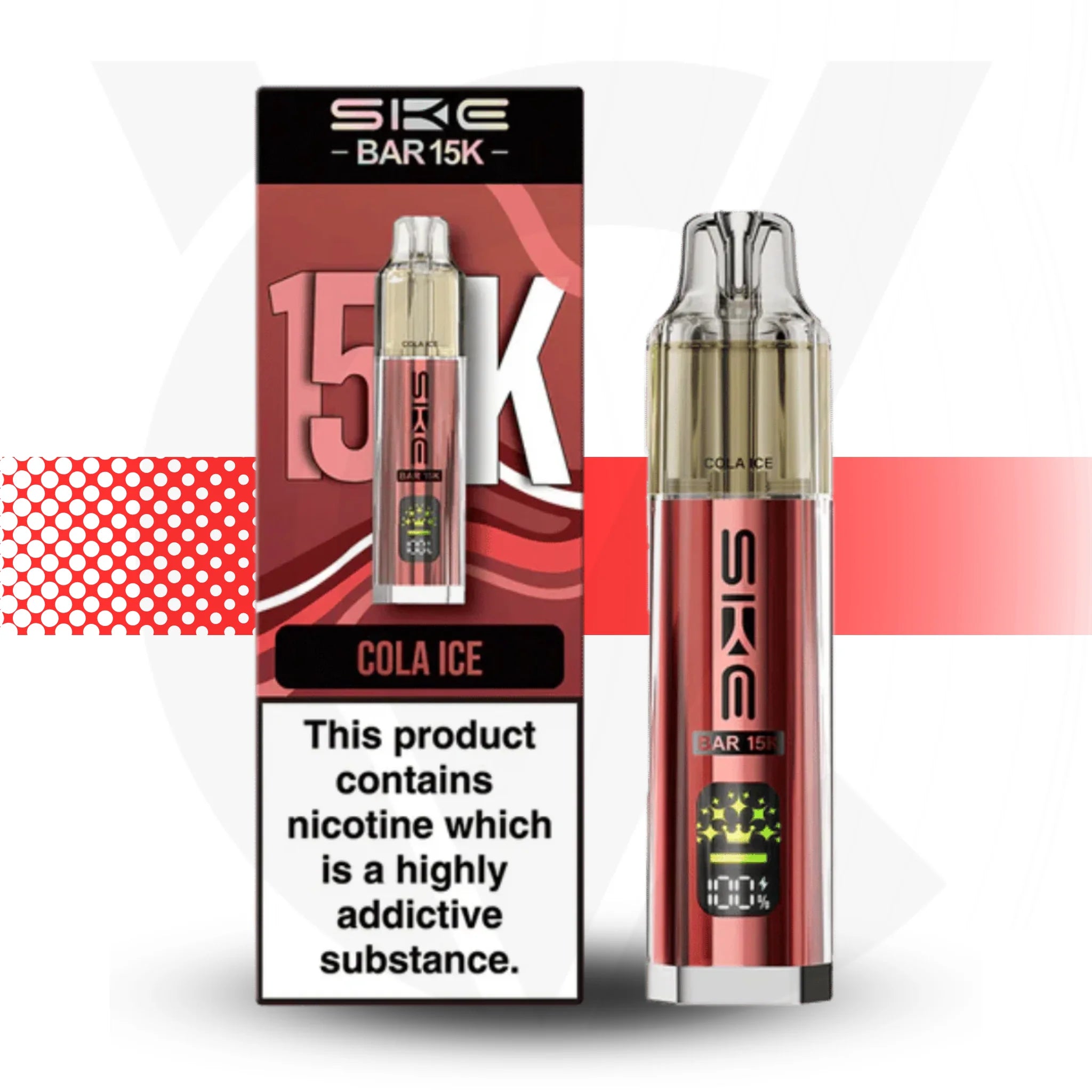 SKE vaping device and packaging on a white background