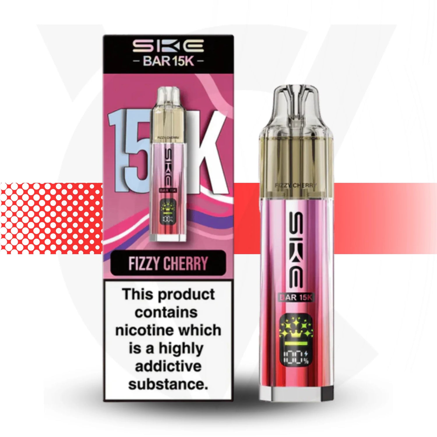 SKE Bar 15K Fizzy Cherry vape device and packaging on a white background