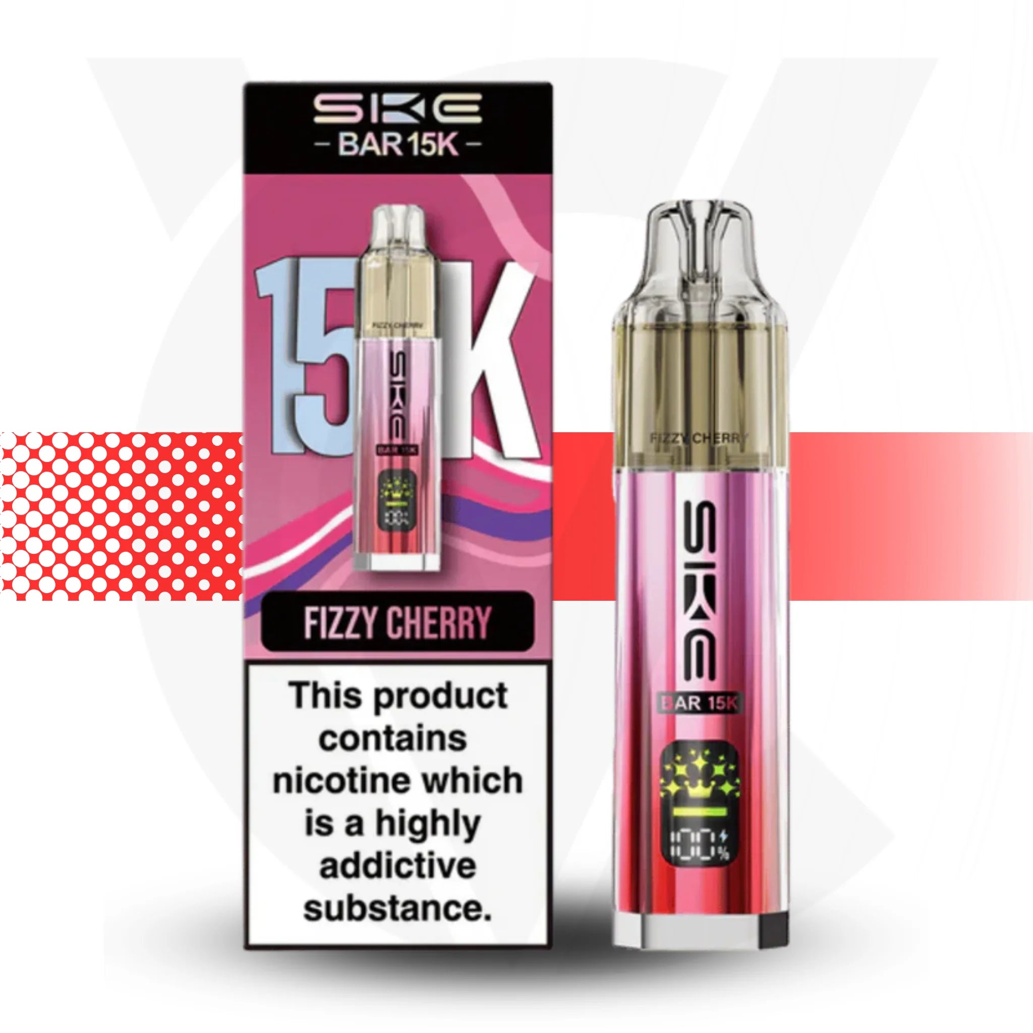 SKE Bar 15K Fizzy Cherry vape device and packaging on a white background