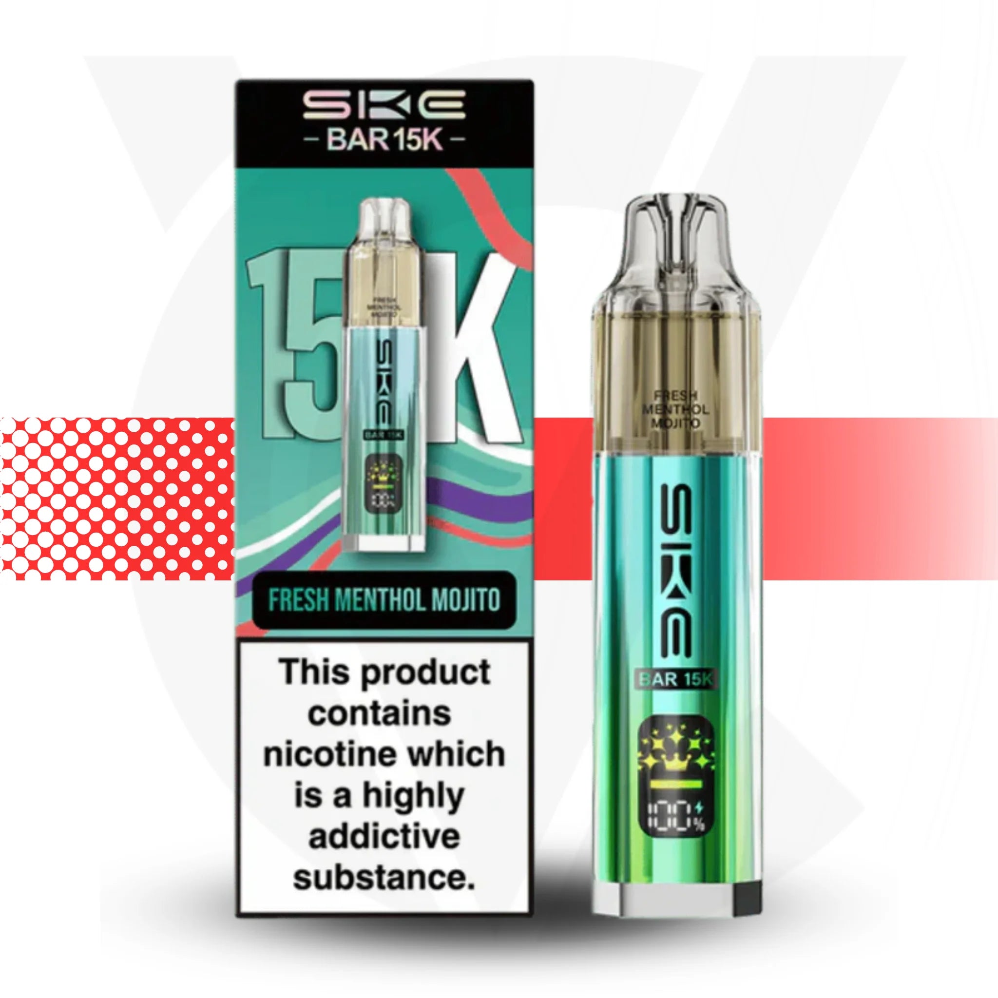 SKE vaping device and packaging on a white background