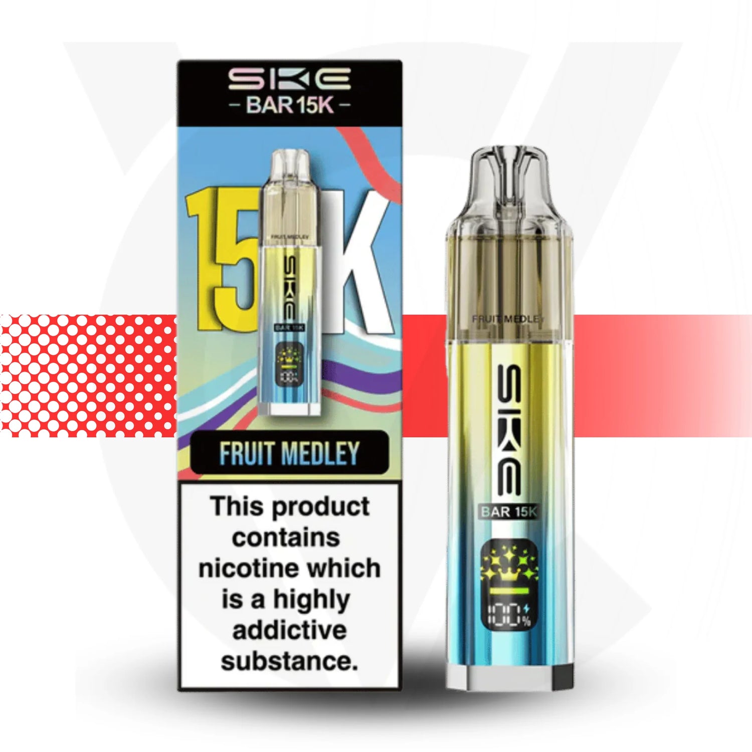 SKE vape device and packaging with nicotine warning label on a colorful background