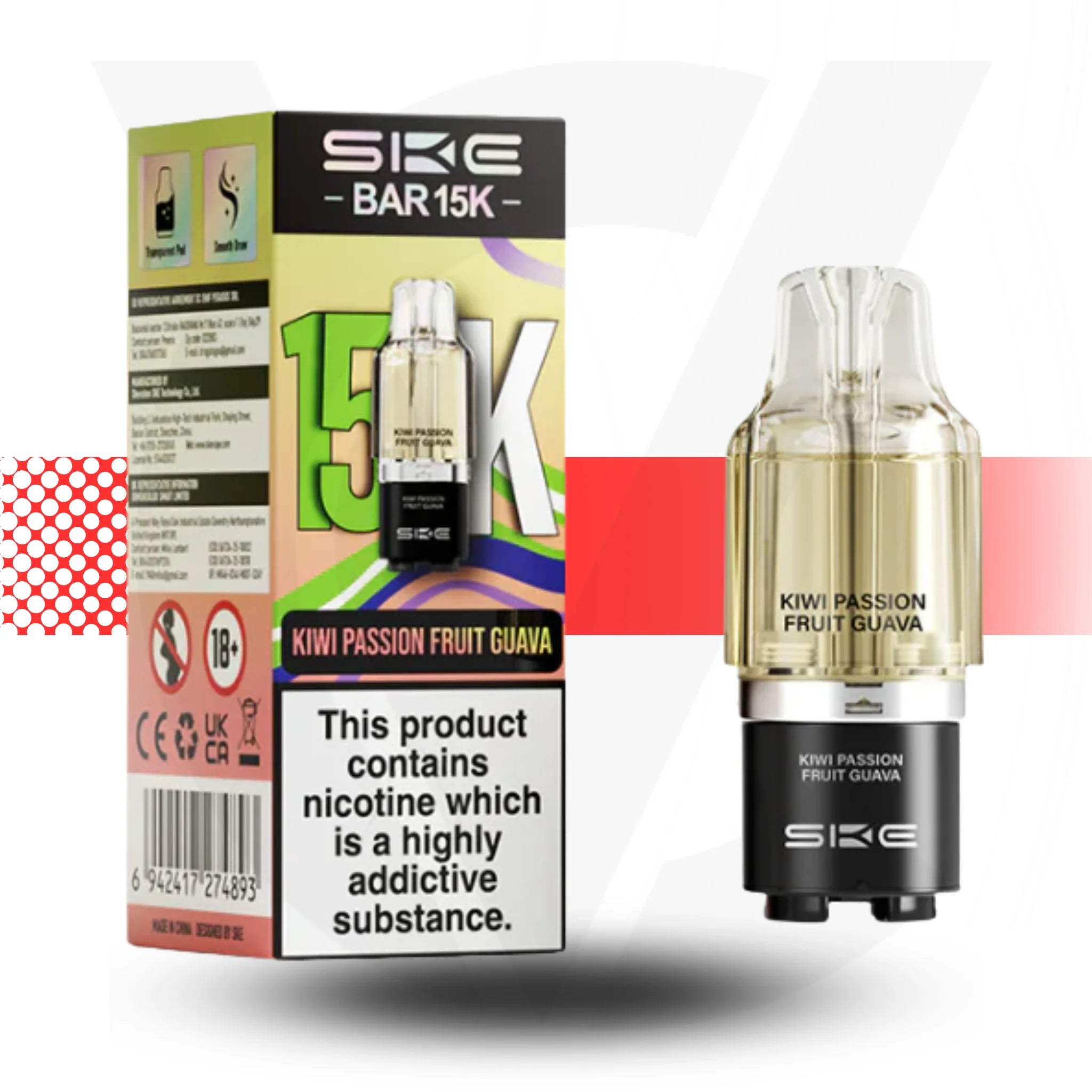 SKE BAR 15K vape device and packaging on a white background