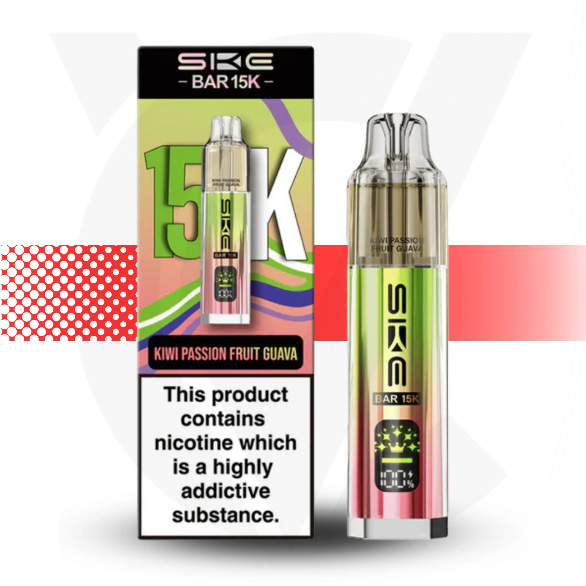 SKE Bar 15K vape device and packaging on a colorful background