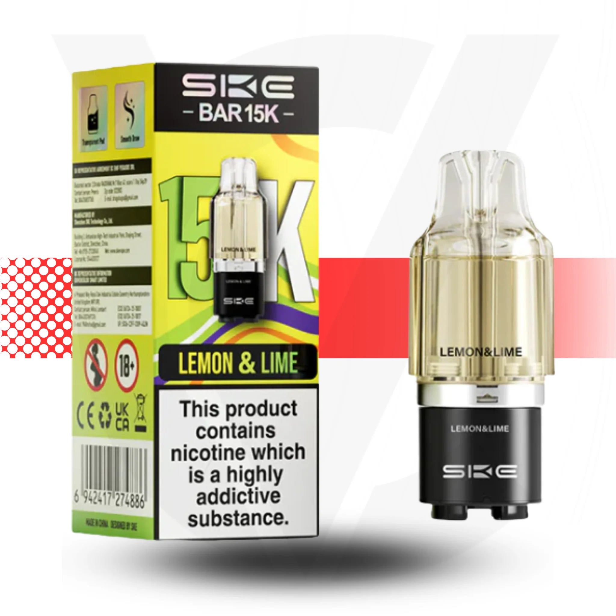 SKE BAR 15K vape device and packaging with lemon and lime flavor on a white background