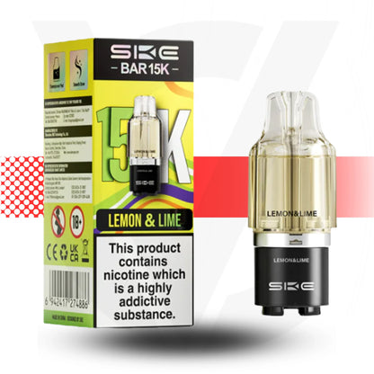 SKE BAR 15K vape device and packaging with lemon and lime flavor on a white background
