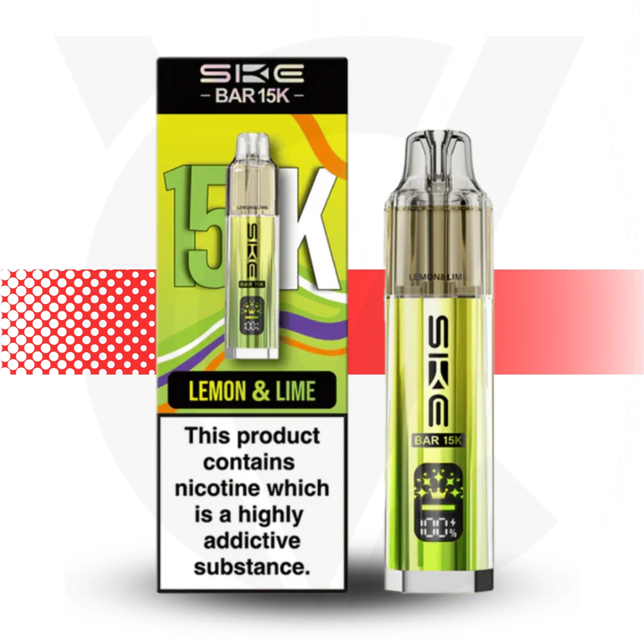 SKE BAR 15K vape device and packaging with lemon and lime flavor on a colorful background
