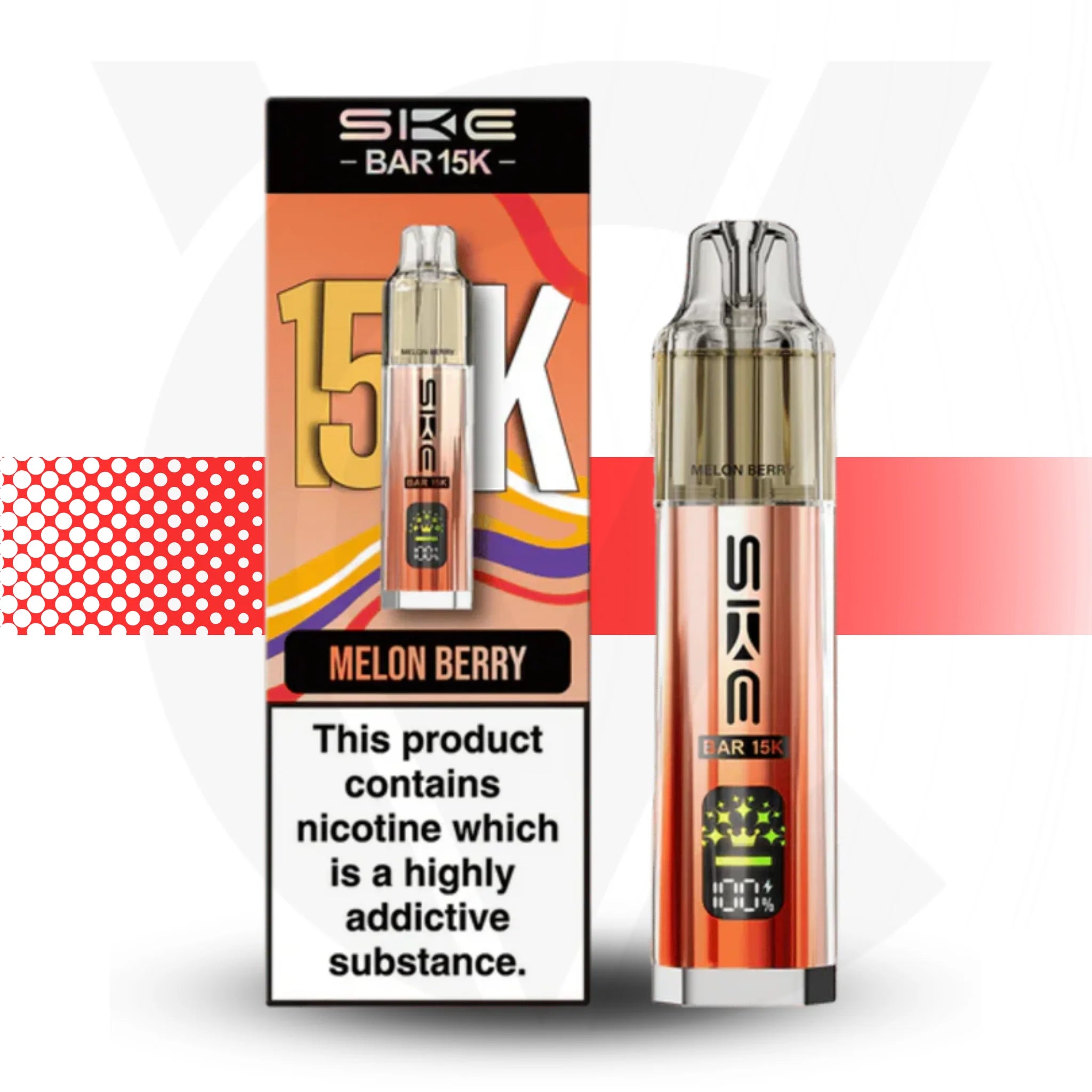 SKE BAR 15K Melon Berry vape device and packaging on a white background