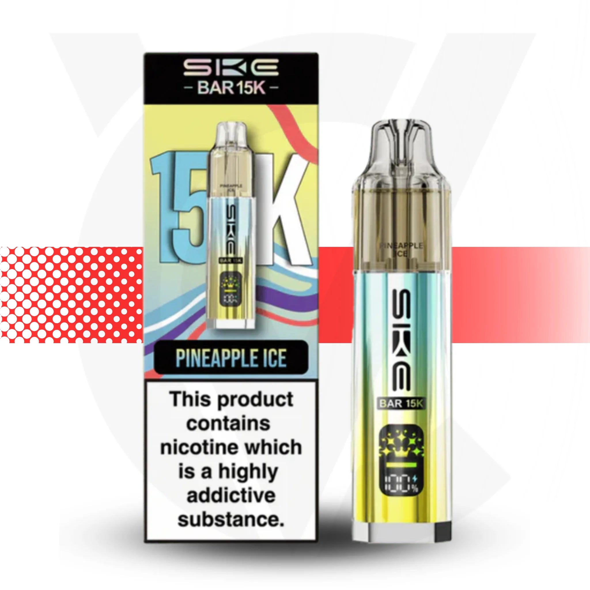 SKE BAR 15K pineapple ice vape pen with packaging on a white background