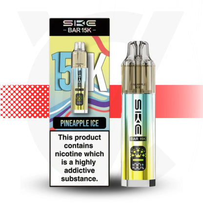 SKE BAR 15K pineapple ice vape pen with packaging on a white background