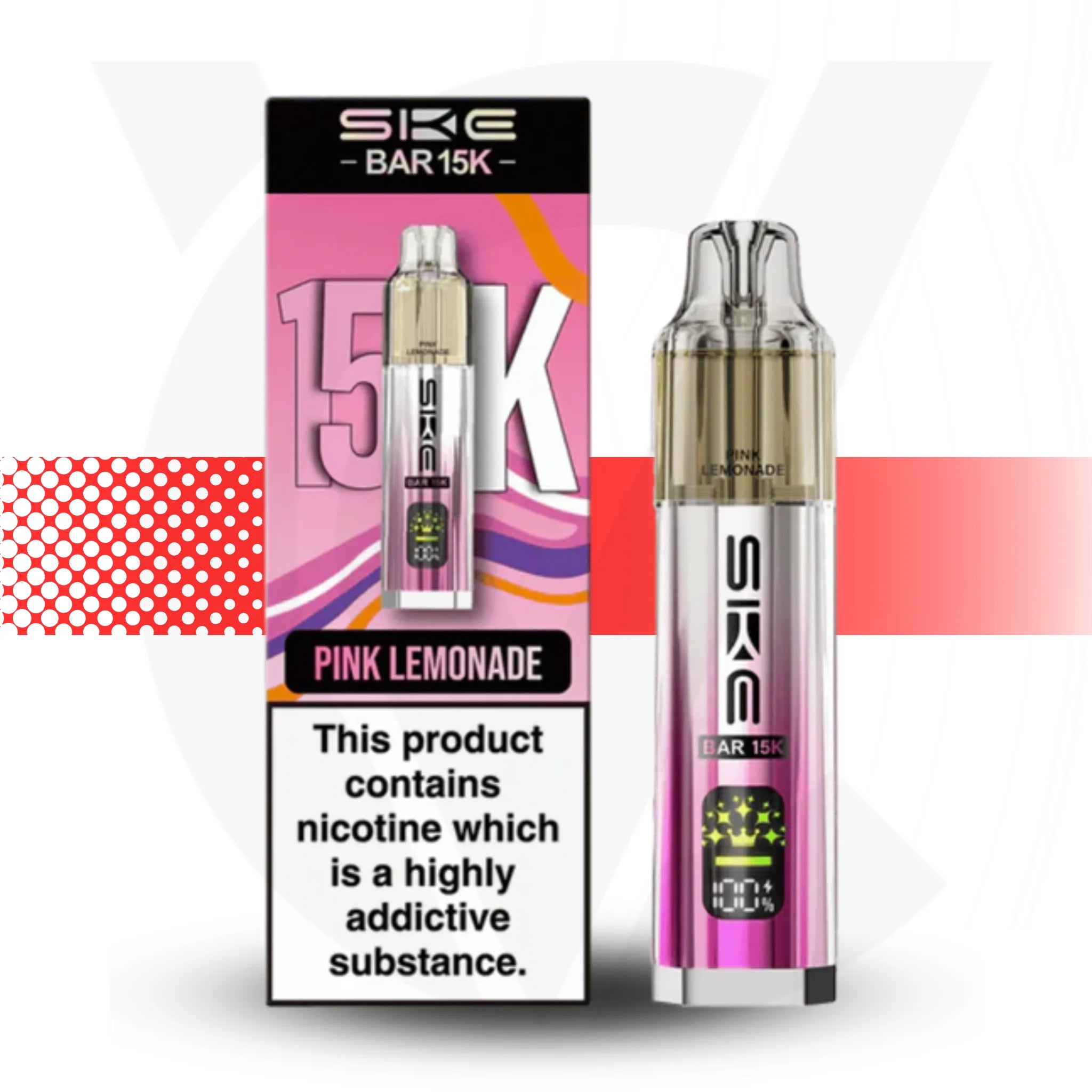 SKE BAR 15K vape device and packaging with pink lemonade flavor on a white background