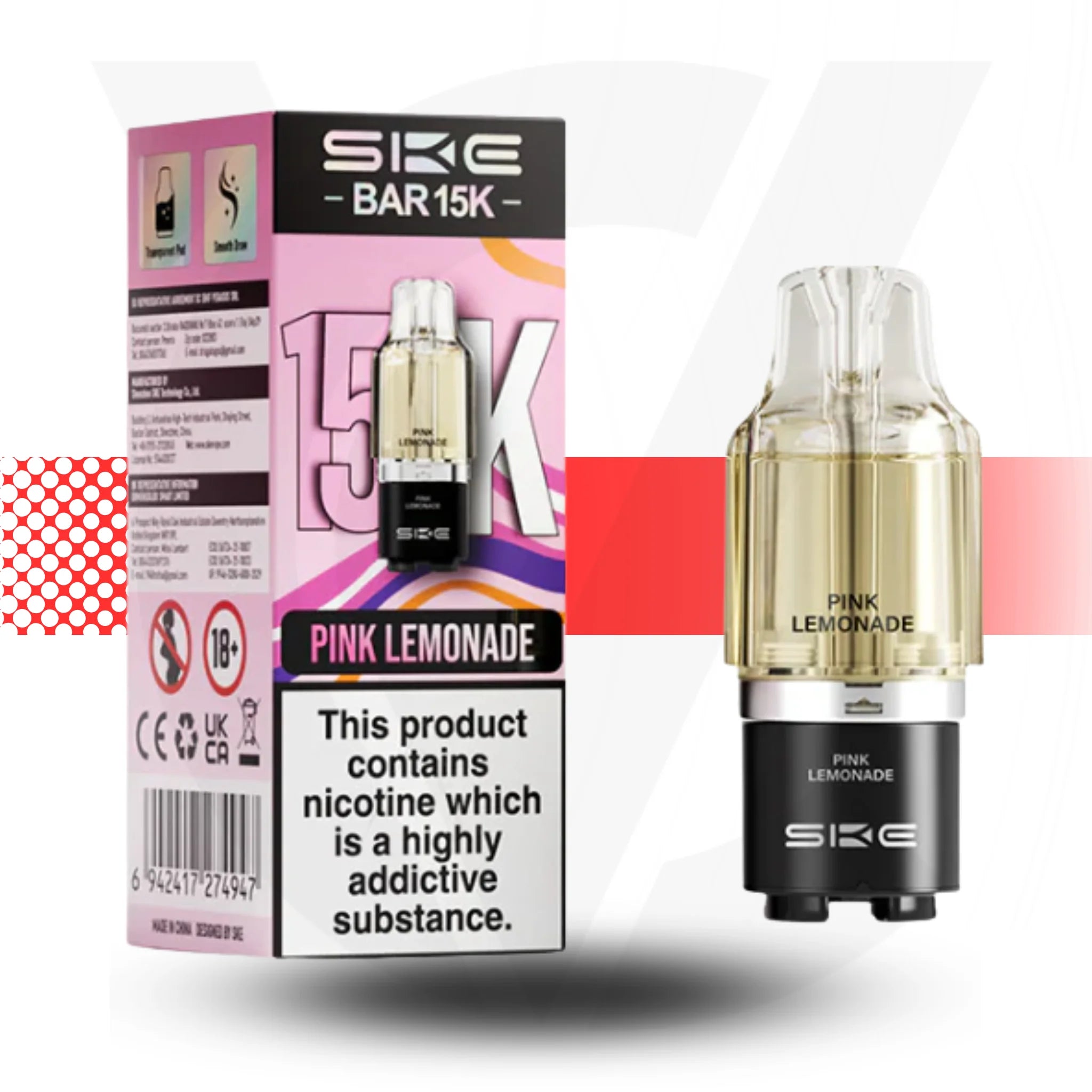 SKE BAR 15K Pink Lemonade vape device and packaging on a white background