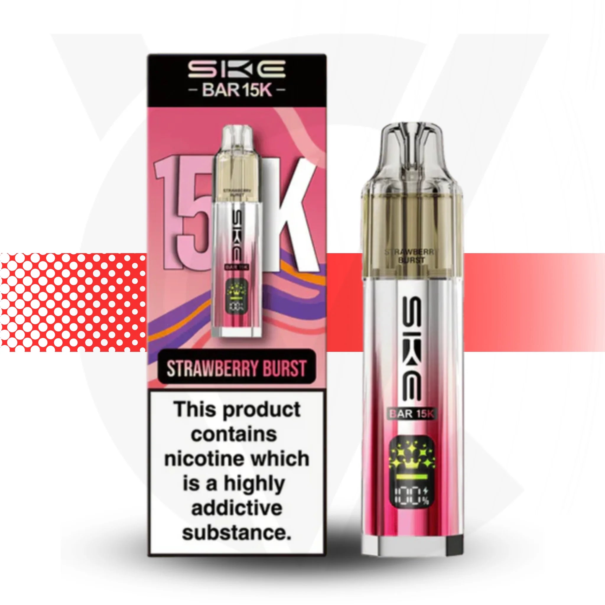 SKE BAR 15K strawberry burst vape device and packaging on a white background