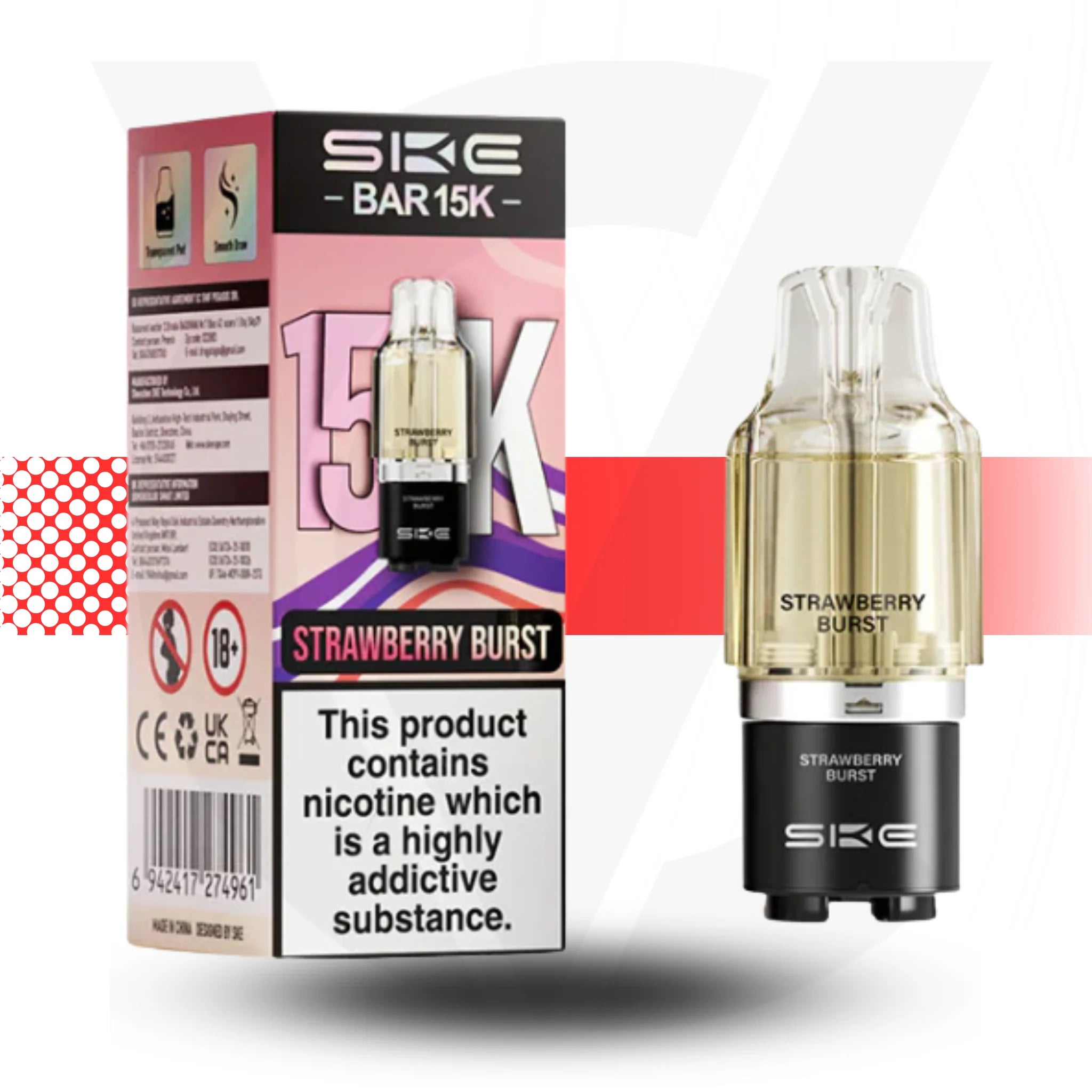 SKE BAR 15K Strawberry Burst vape device and packaging on a white background