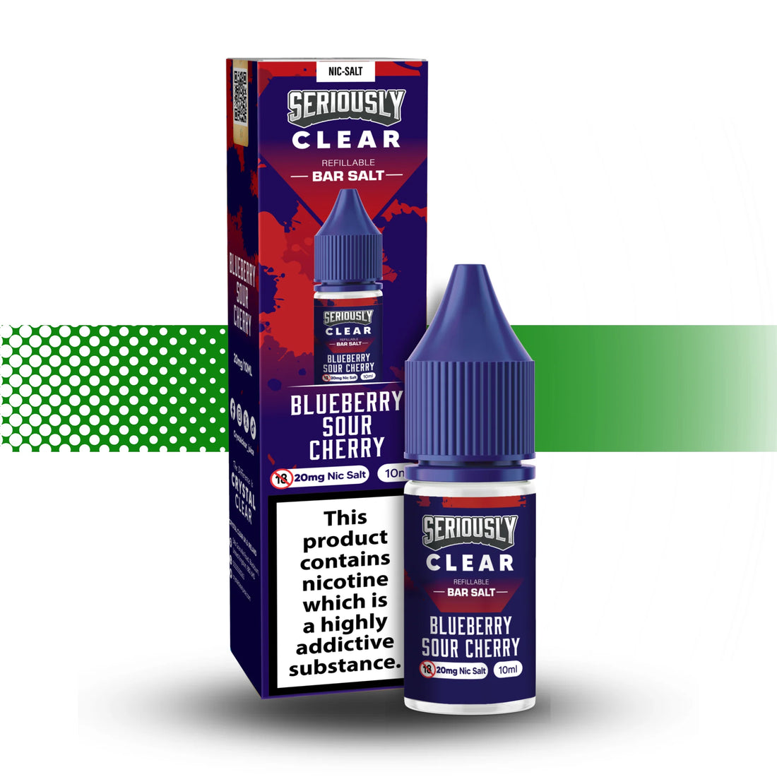 Seriously Clear Blueberry Sour Cherry nicotine salt packaging and bottle on a white background