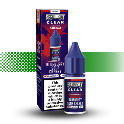 Seriously Clear Blueberry Sour Cherry nicotine salt packaging and bottle on a white background