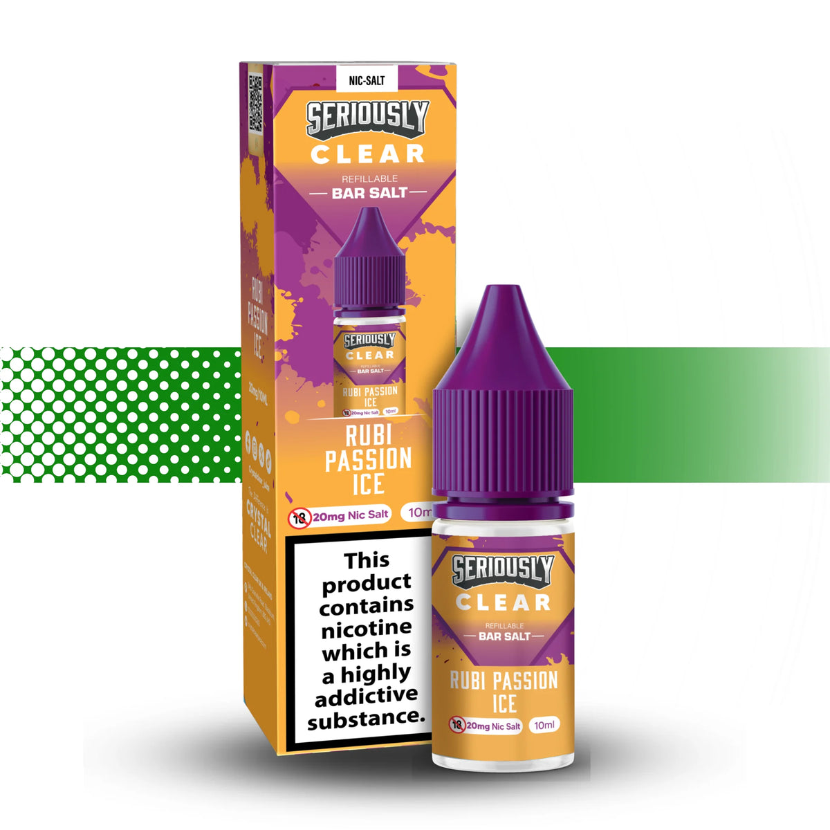 Seriously Clear Rubi Passion Ice nicotine salt packaging and bottle on a white background
