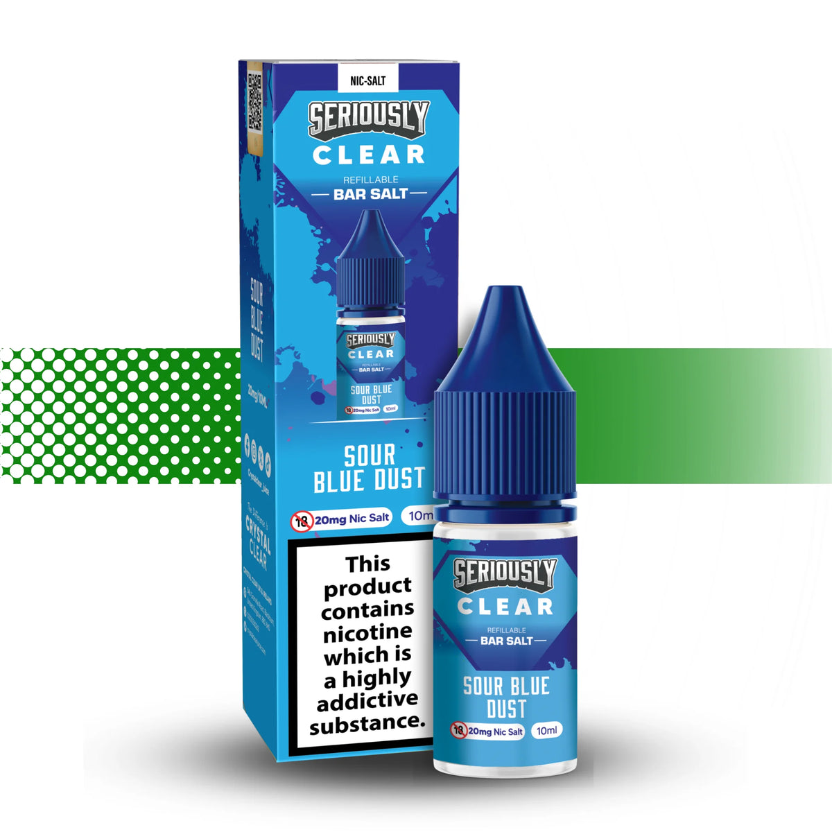Seriously Clear Sour Blue Dust nicotine salt packaging and bottle on a white background with green and white patterned bars.