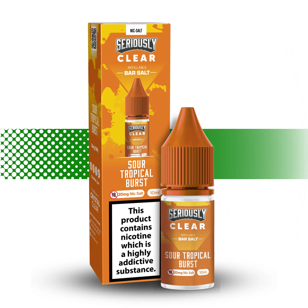 Seriously Clear Sour Tropical Burst nicotine salt packaging and bottle on a white background