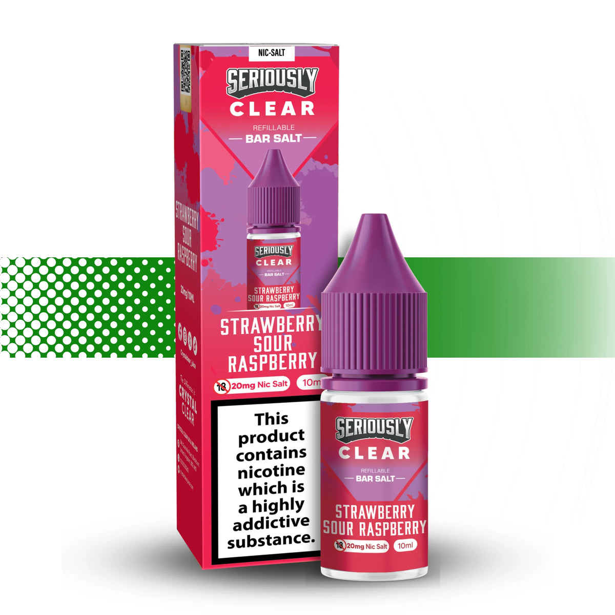 Seriously Clear Strawberry Sour Raspberry nicotine salt packaging and bottle on a white background