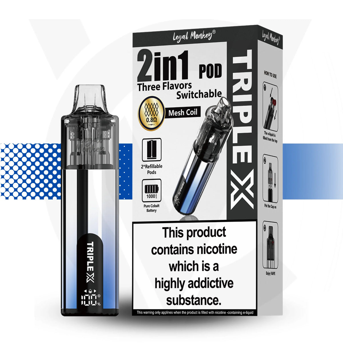TRIPLE X 2in1 pod packaging with nicotine warning label on a white background