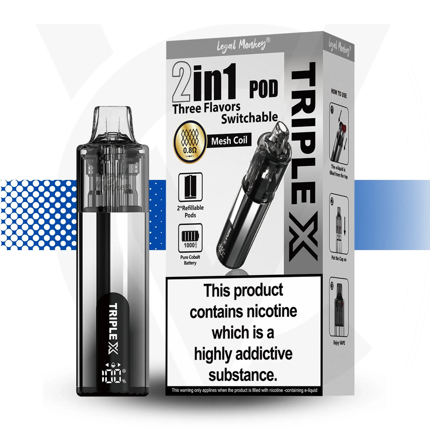 TRIPLE X vape pod packaging with product and box on a white background