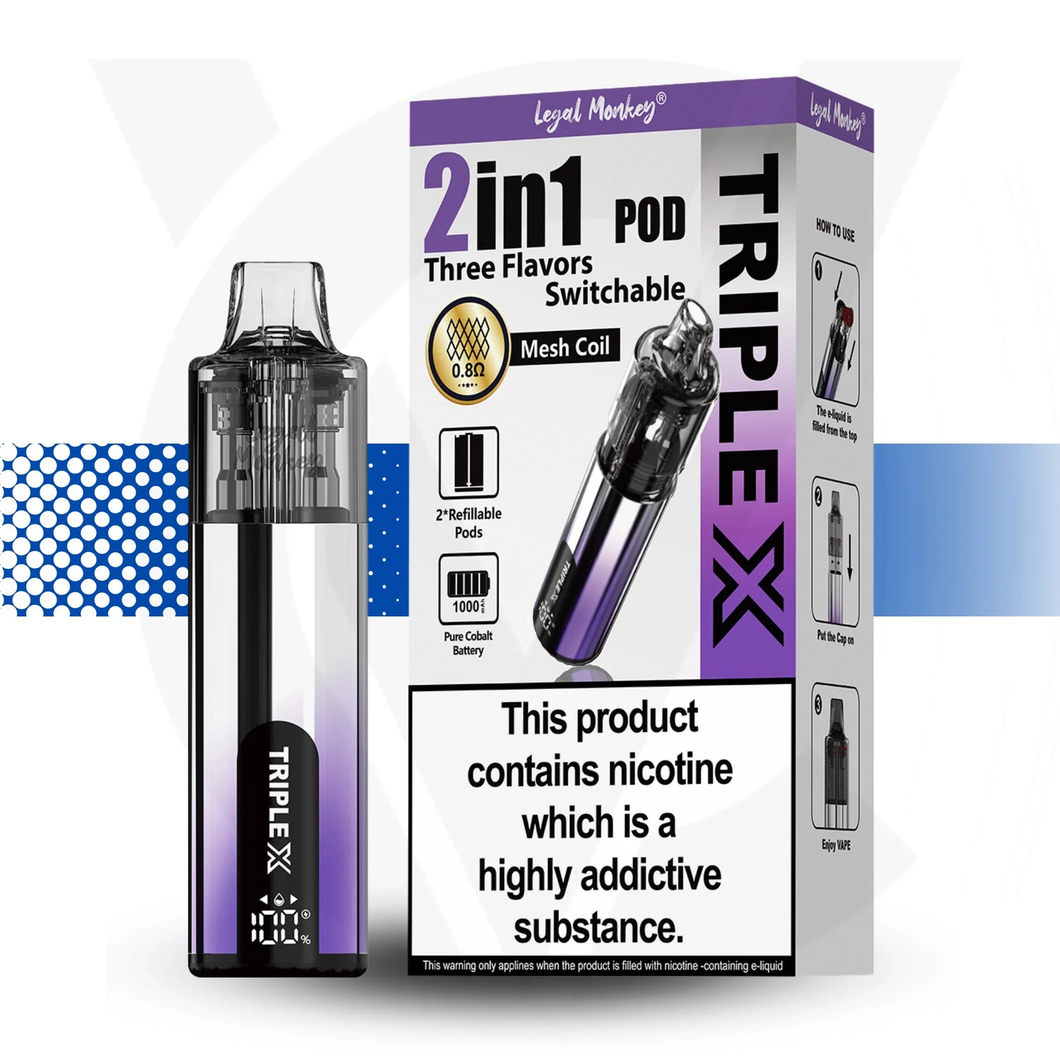 TRIPLE X 2in1 pod packaging with nicotine warning label on a white background