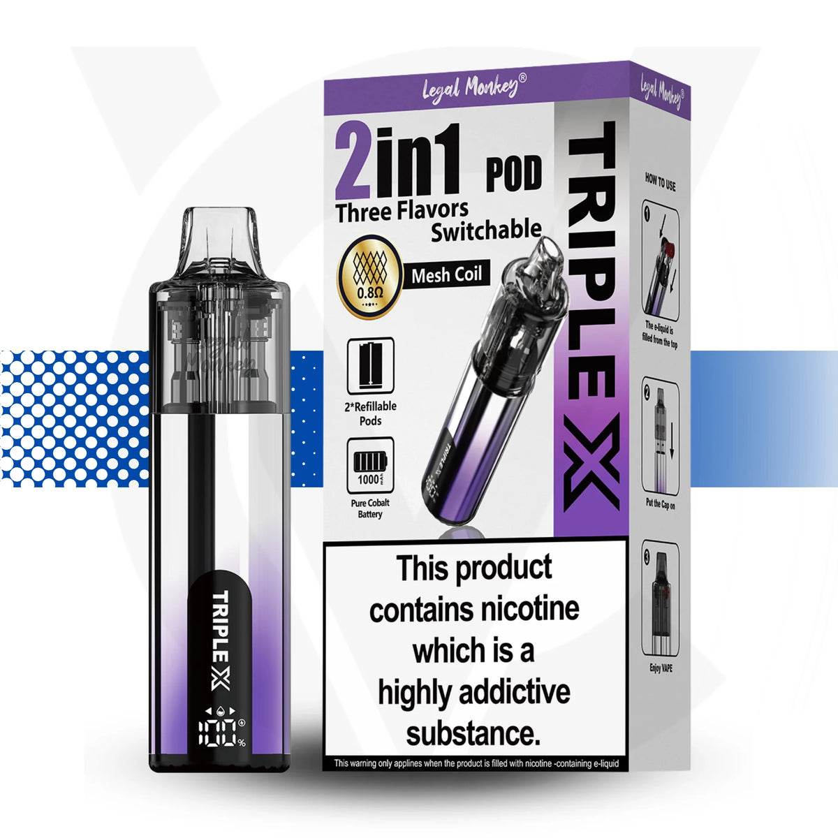 TRIPLE X 2in1 pod packaging with nicotine warning label on a white background