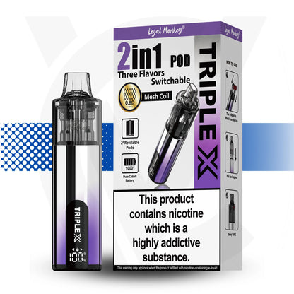 TRIPLE X 2in1 pod packaging with nicotine warning label on a white background