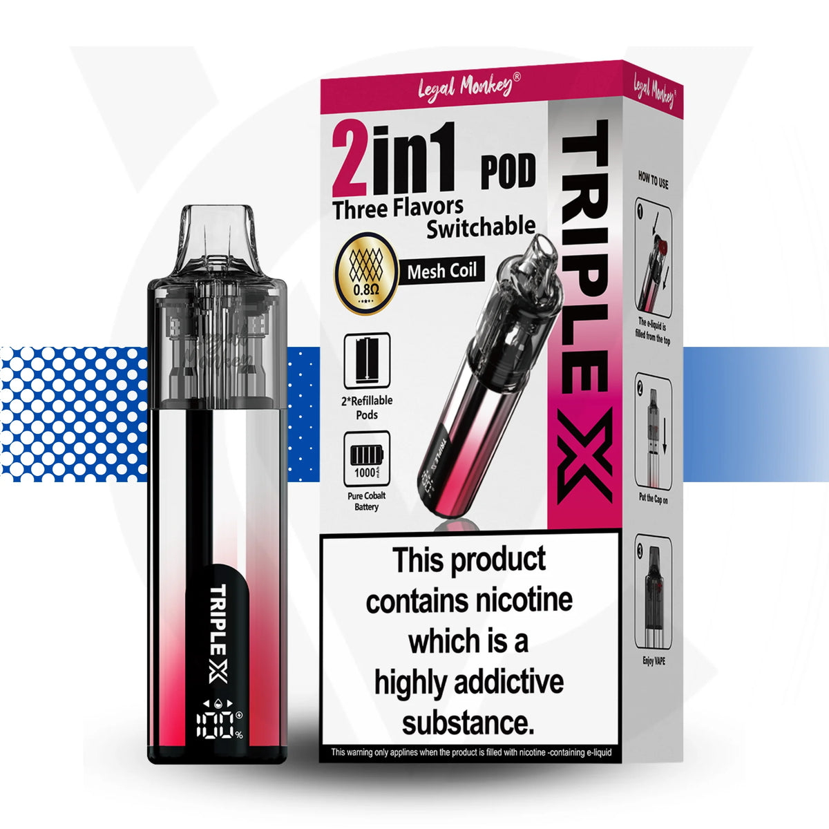 Triple X 2in1 pod packaging with product and box on a white background