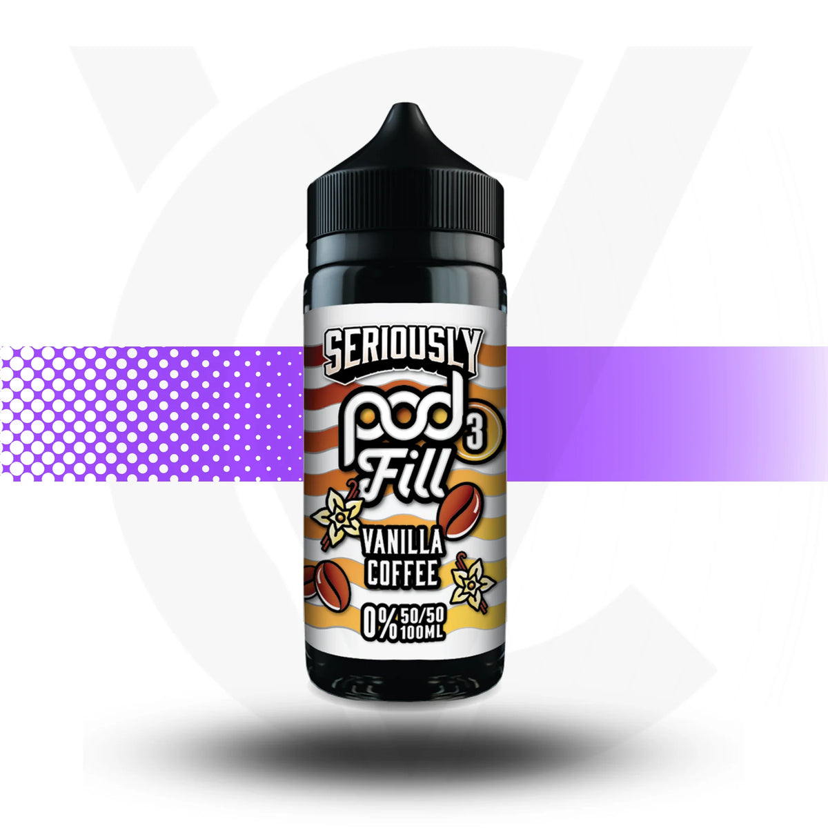 Bottle of Seriously Pod Fill Vanilla Coffee flavor on a white background