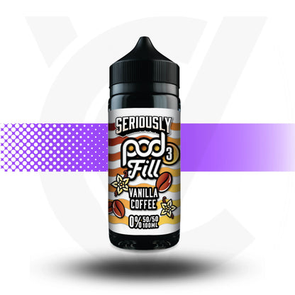 Bottle of Seriously Pod Fill Vanilla Coffee flavor on a white background