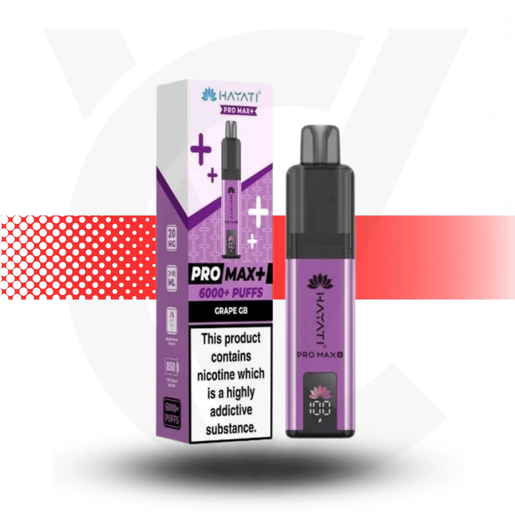 Purple vape device with packaging on a white background