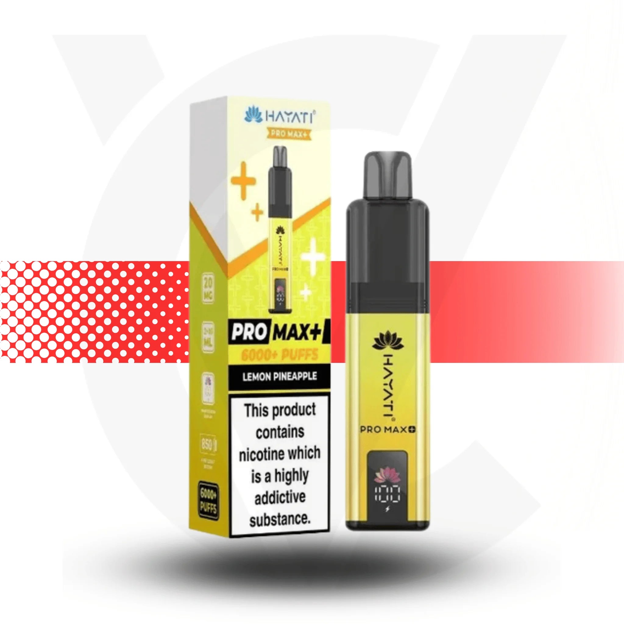 Yellow and black vape device with packaging on a white background