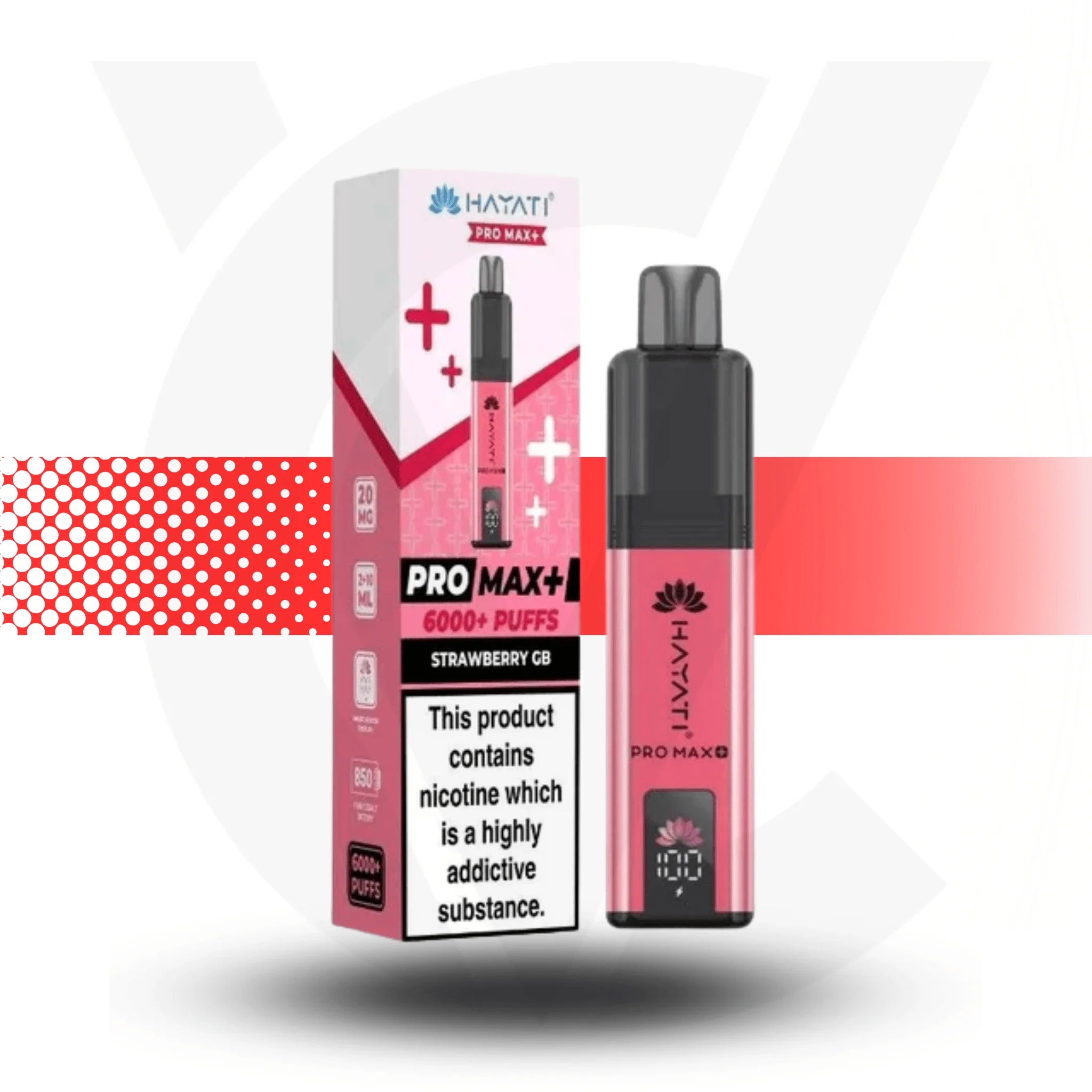 Pink and black vape device with packaging on a white background