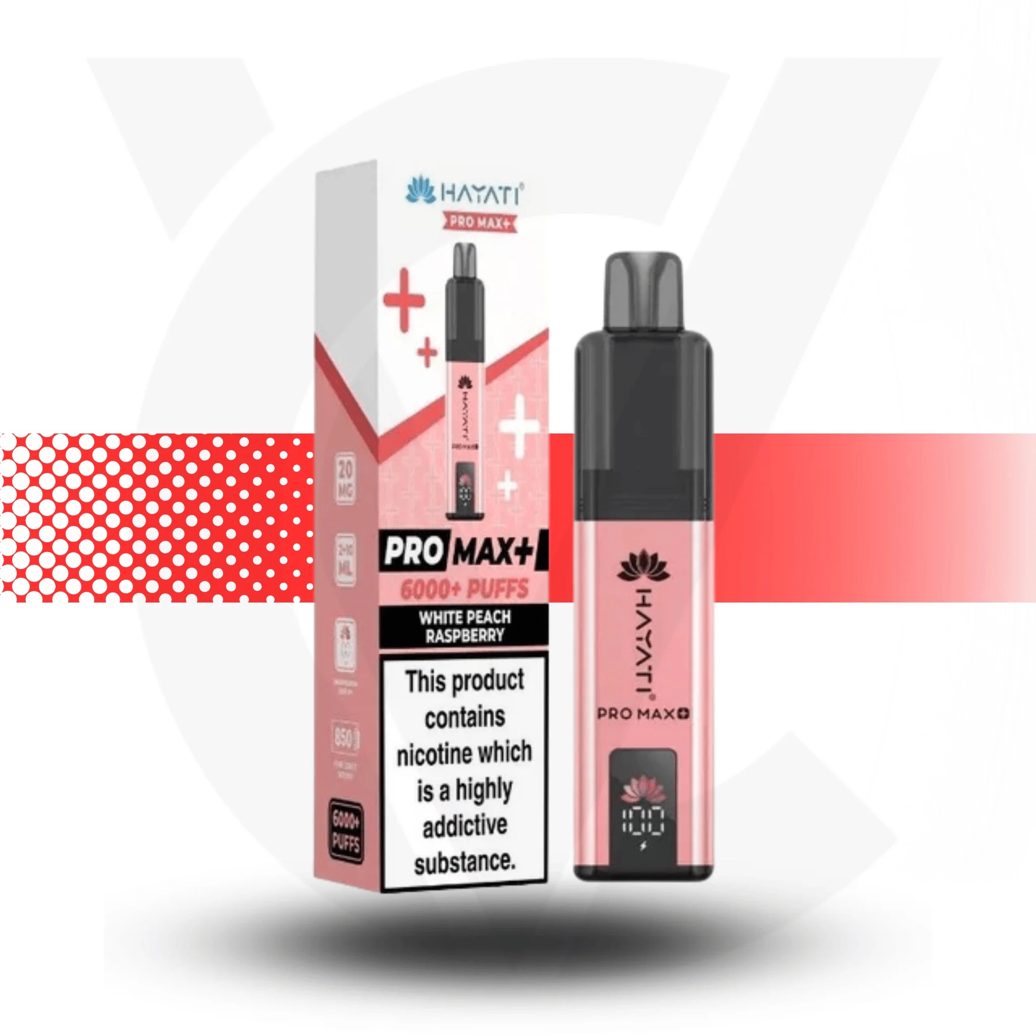 Hayat Pro Max+ vape device and packaging on a white background with red accents.
