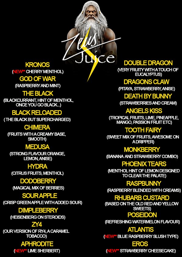Zeus E-Liquid Flavour List | Cloud City UK.